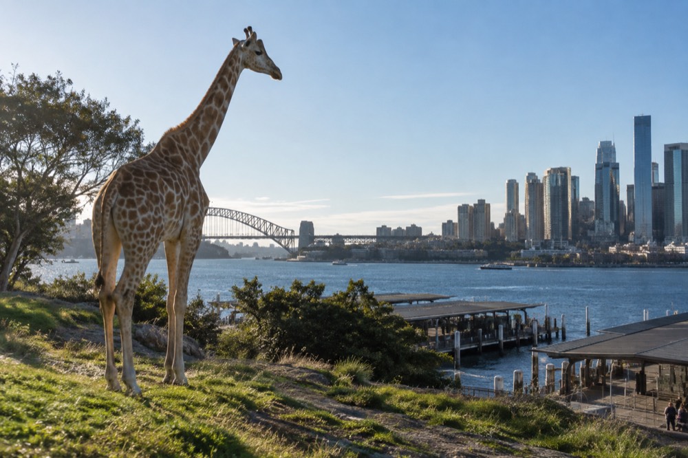 Giraffe standing on a hillside with Sydney Harbour and city towers in the background